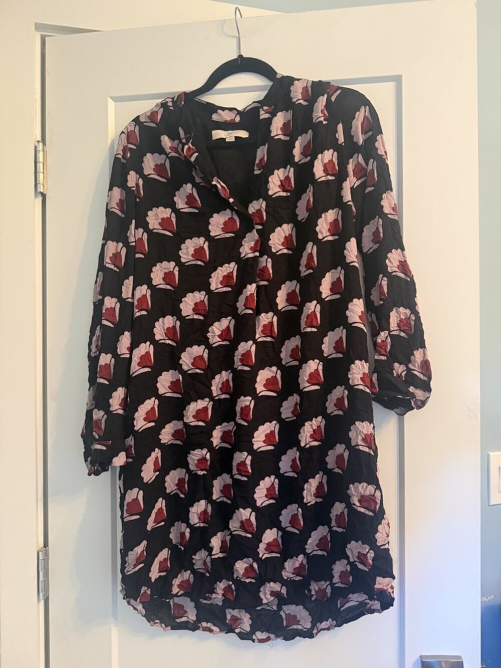 LOFT Black Rose Floral Print Long Sleeve Split Neck Shift Tunic Dress Size L